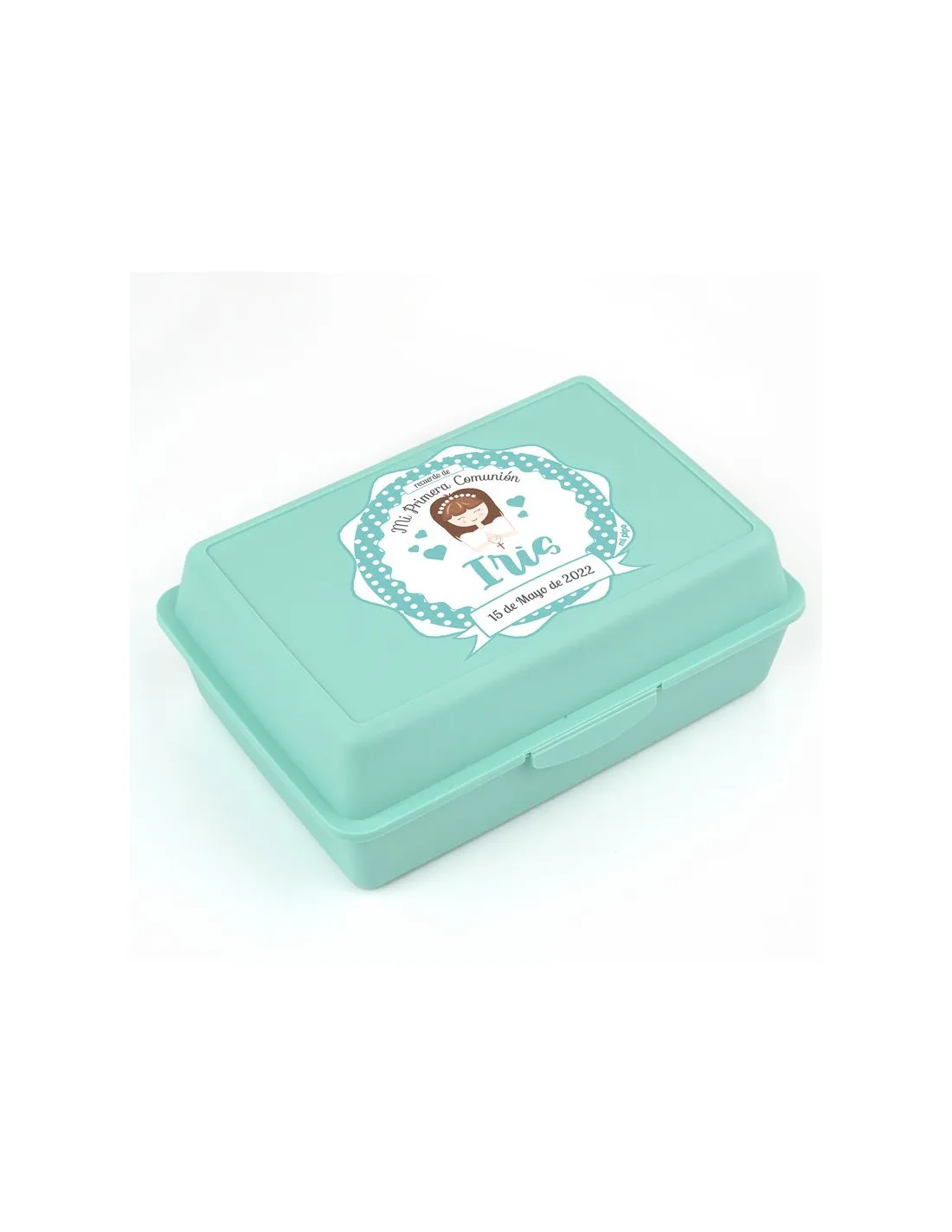 Cajita Porta Alimentos Menta personalizada Comunión Niña de Mi Pipo