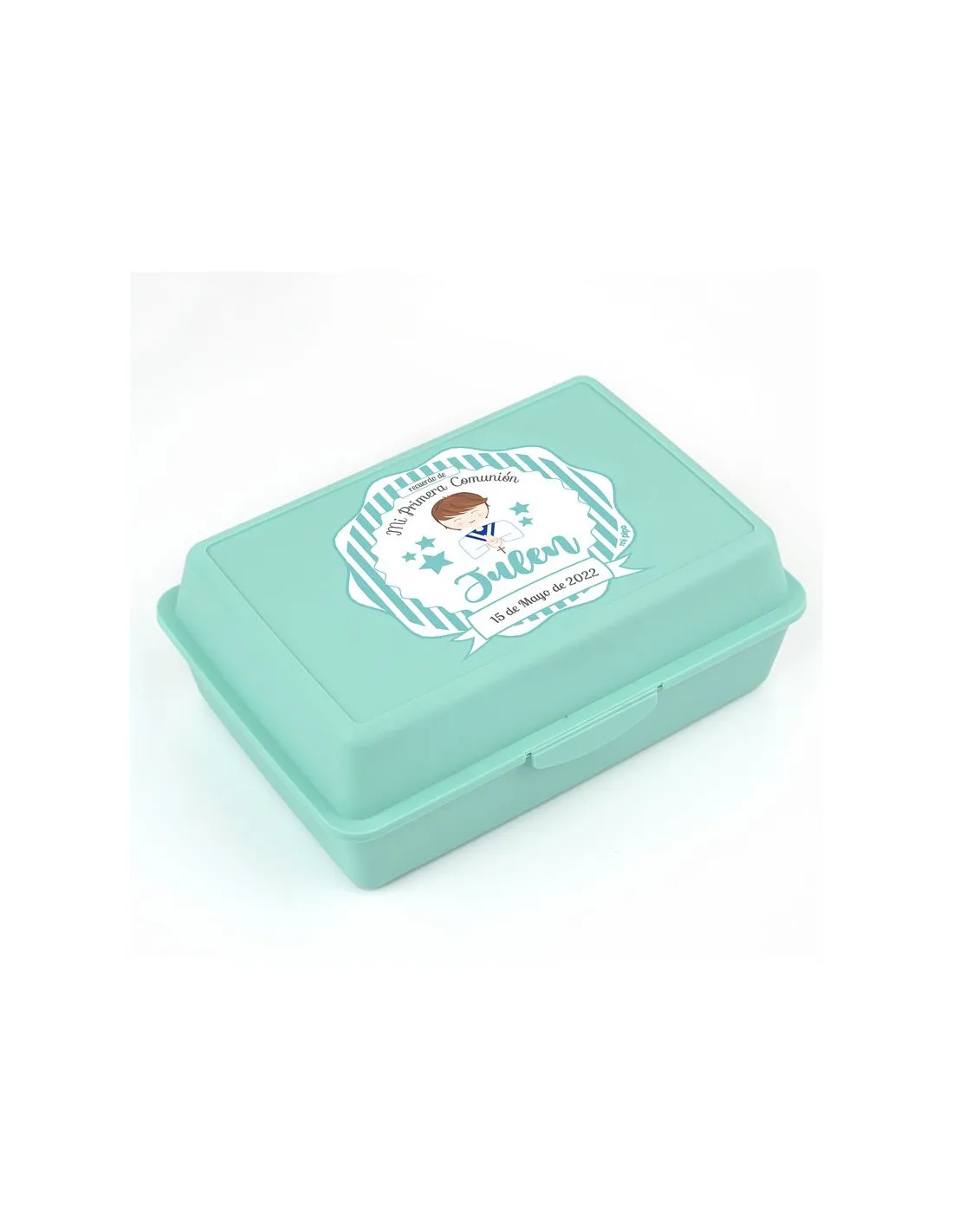 Cajita Porta Alimentos Menta personalizada Comunión Niño de Mi Pipo