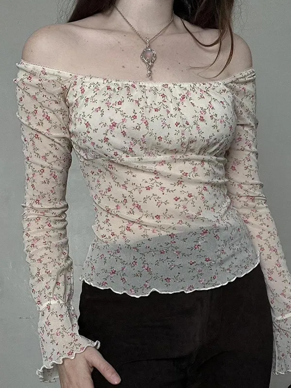 Camisas de manga larga transparentes de malla con hombros descubiertos