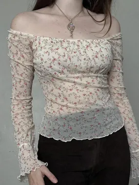 Camisas de manga larga transparentes de malla con hombros descubiertos