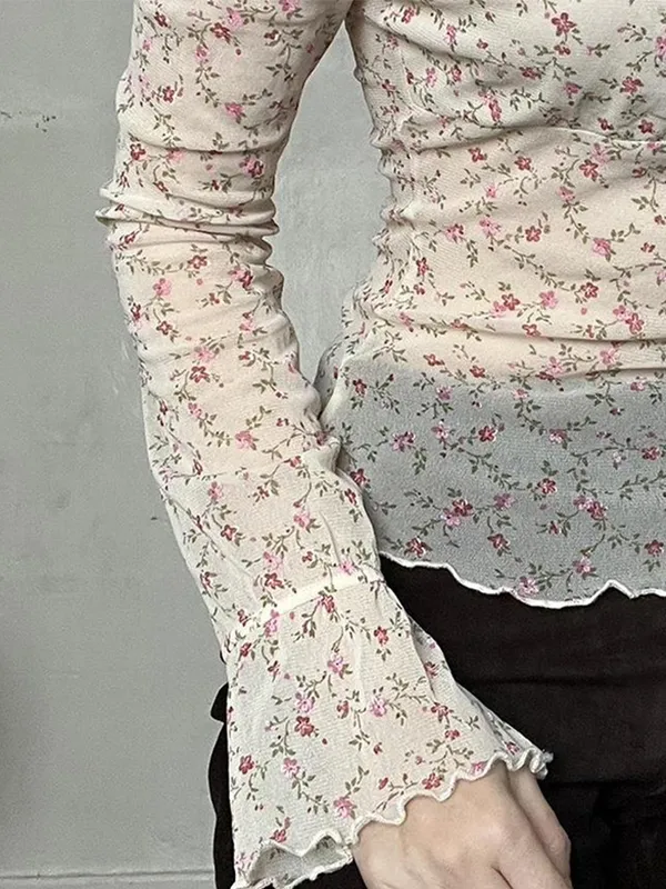 Camisas de manga larga transparentes de malla con hombros descubiertos