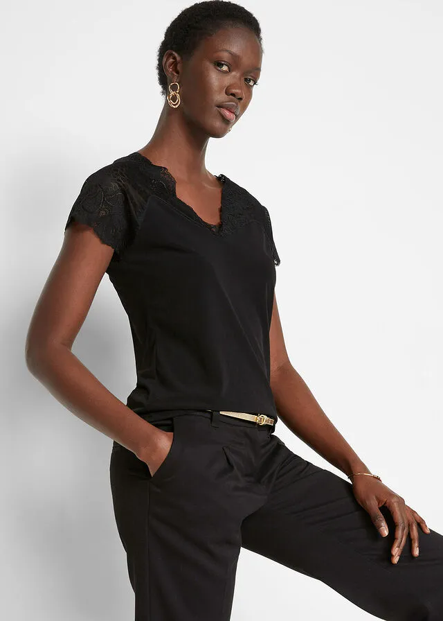 Camiseta con encaje Negro