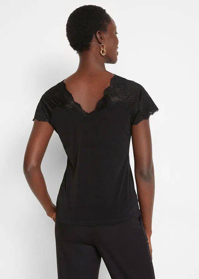 Camiseta con encaje Negro