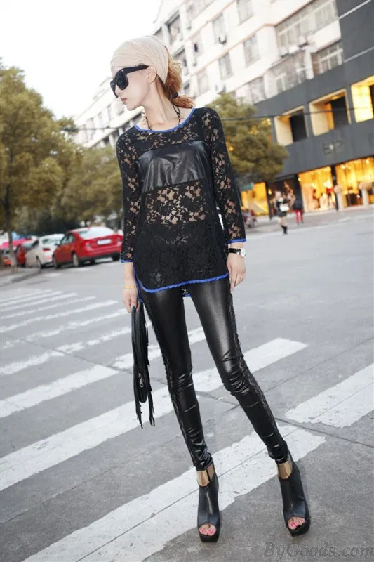 Fashion  Lace Stitching Leather Pants& Leggings 