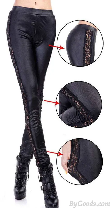 Fashion  Lace Stitching Leather Pants& Leggings 