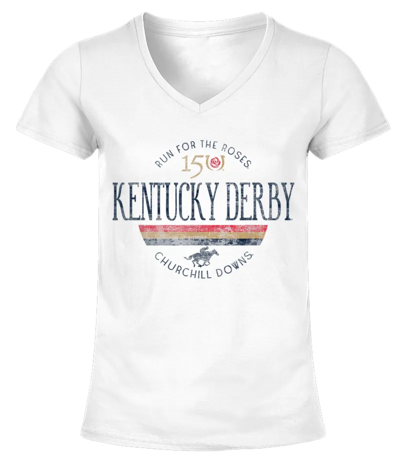 KENTUCKY DERBY 150TH RETRO STRIPE WHITE OFFICIALLY LICENSED TSHIRT CAMISETA CUELLO PICO MUJER