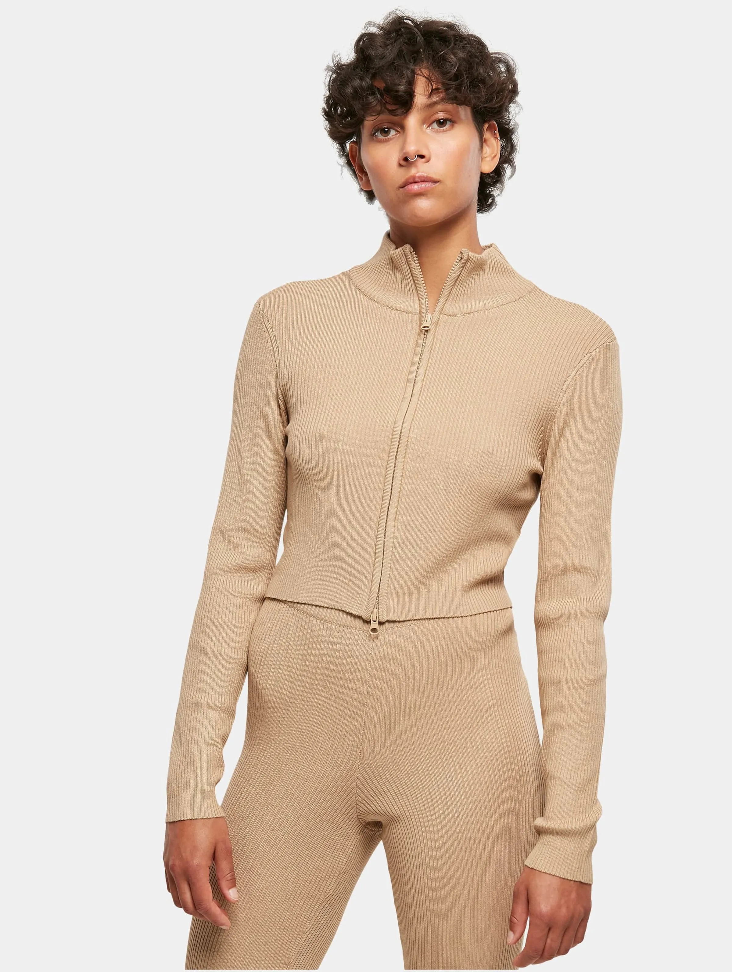  Ladies Cropped Rib Knit Zip 