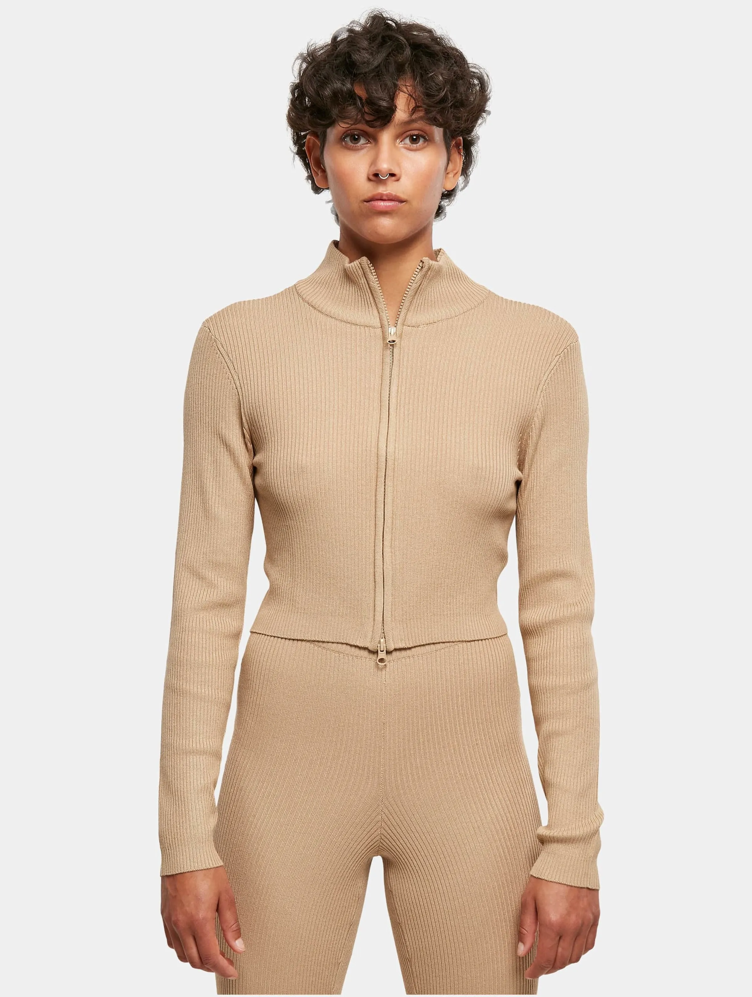  Ladies Cropped Rib Knit Zip 