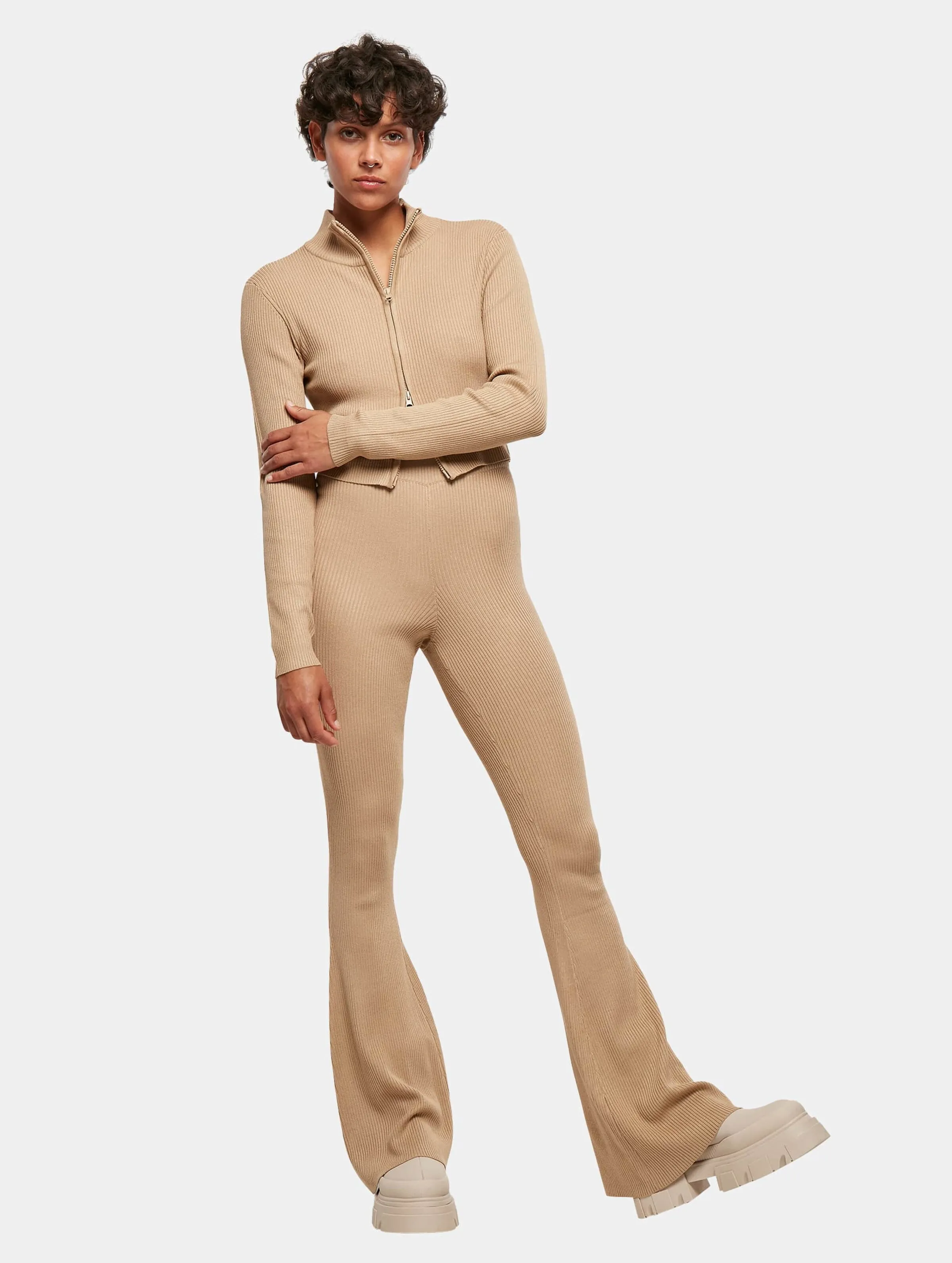  Ladies Cropped Rib Knit Zip 
