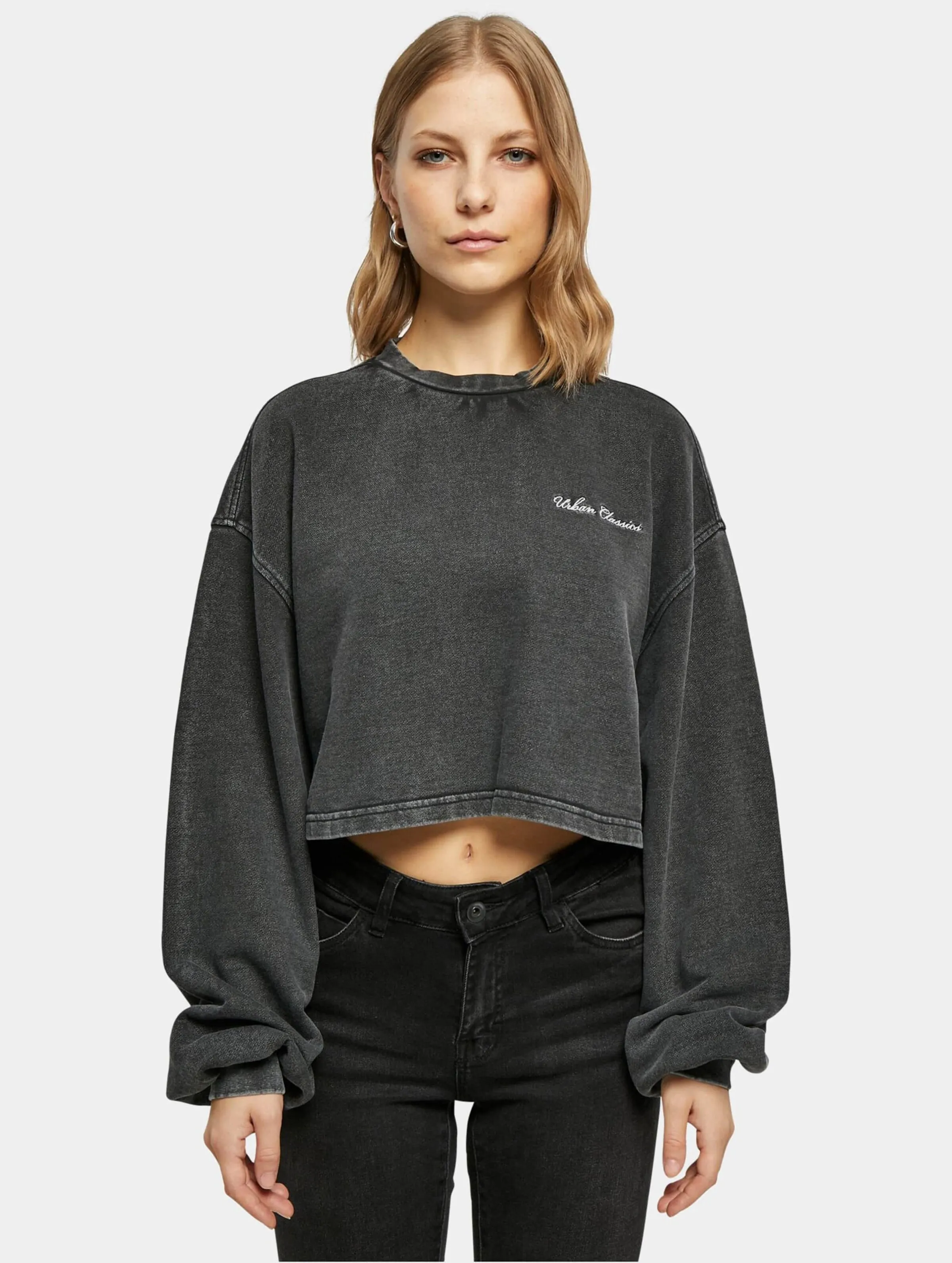 Ladies Cropped Small Embroidery Terry Crewneck