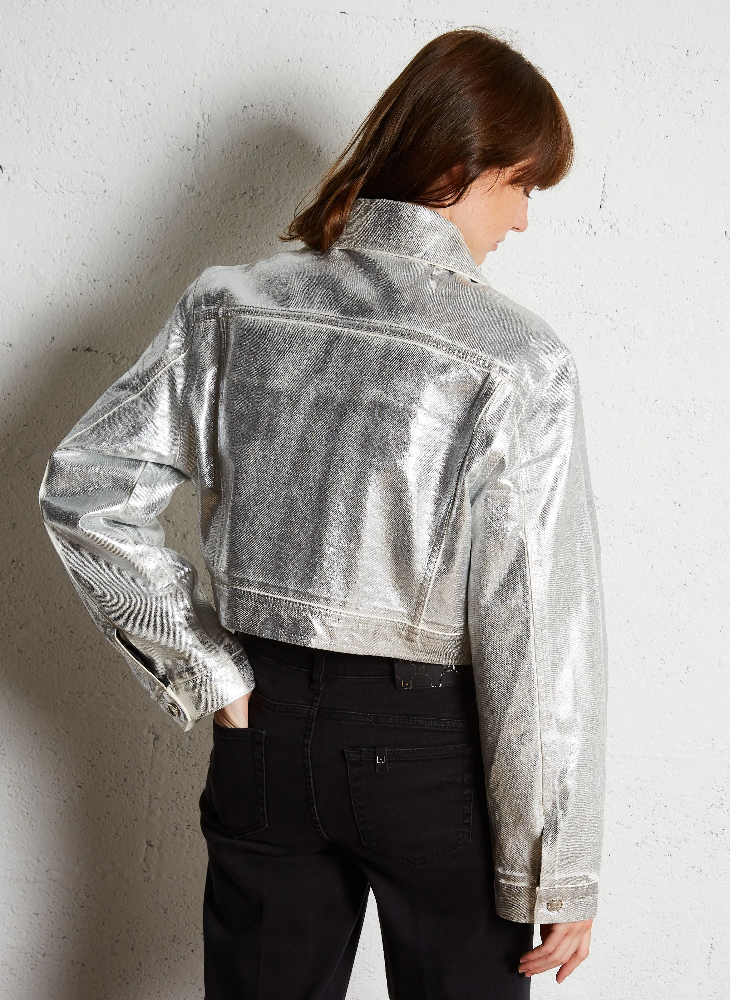 LIU JO Chaqueta con cuello clásico metalizado de algodón. en blanco