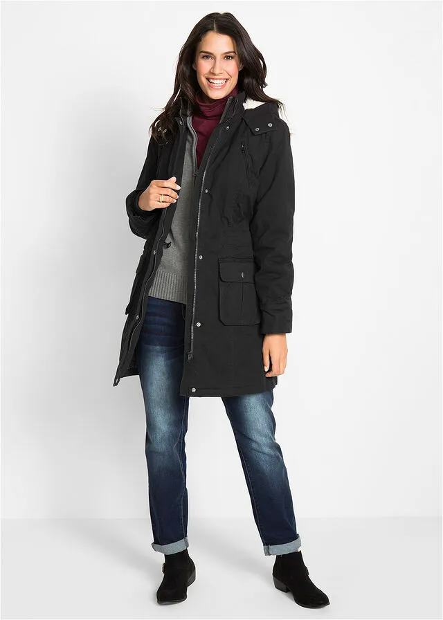 Parka con capucha forrada de tejido polar Negro