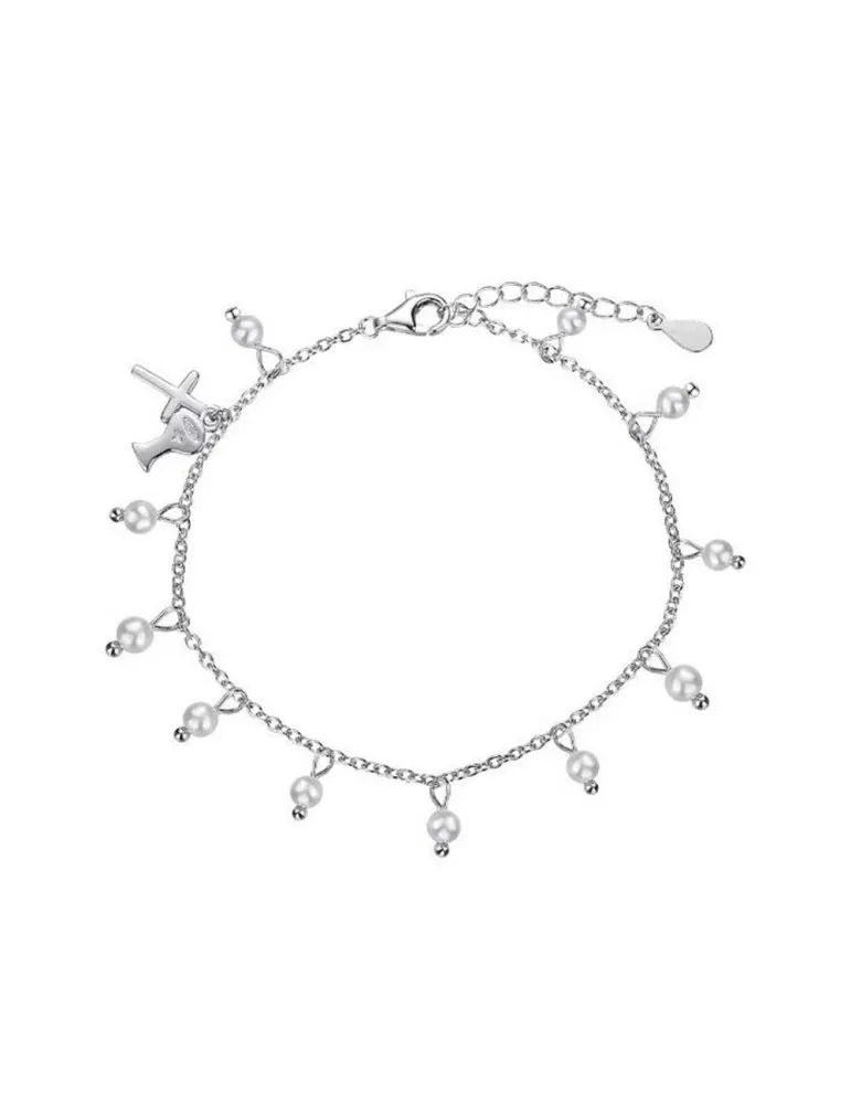 Pulsera Plata Niña Plata Cruz cáliz y Perlas Promojoya