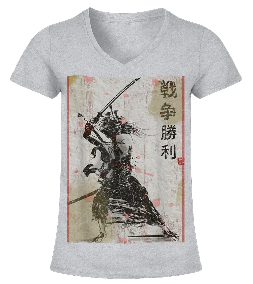 SAMURAI BUSHIDO TEE JAPAN WARRIOR JAPANESE RETRO ART PRINT TSHIRT CAMISETA CUELLO PICO MUJER