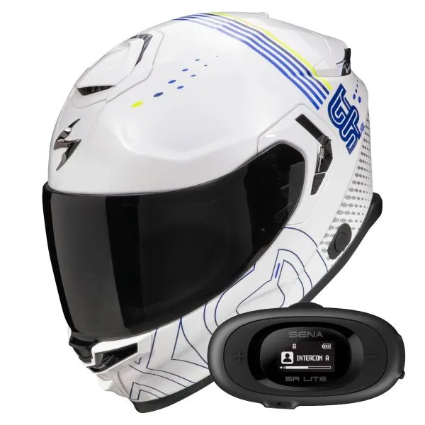 Scorpion Exo GT SP Air Techlane White Blue Yellow fluo + Kit bluetooth 5R Lite 