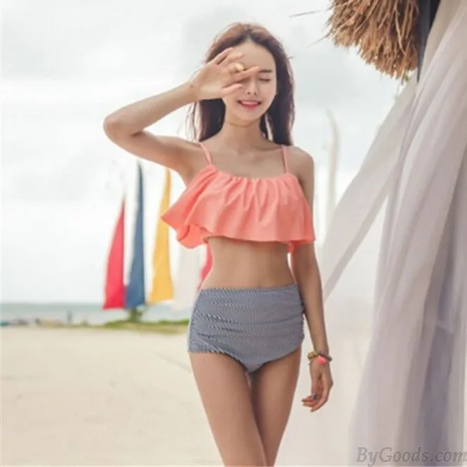 Sexy Pink Ruffle Striped High Waist Bikini Ladies Swimsuit 
