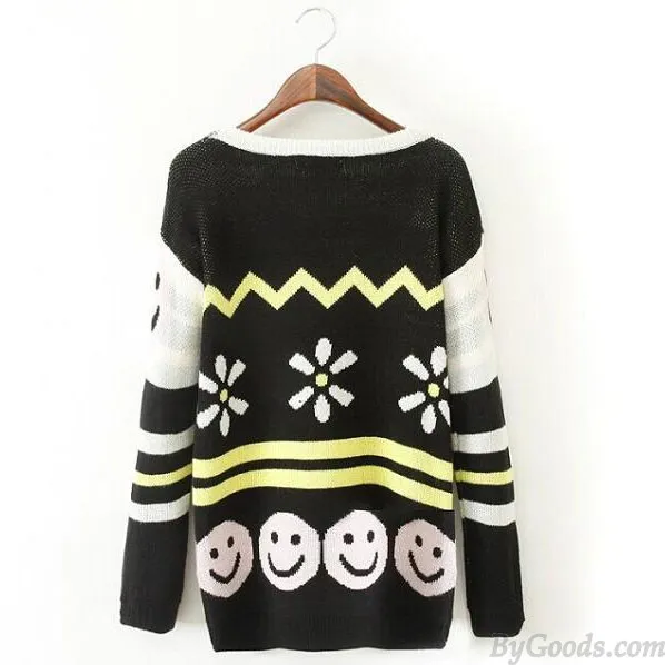 Smile Face Long Sleeve Loose Slim Sweater