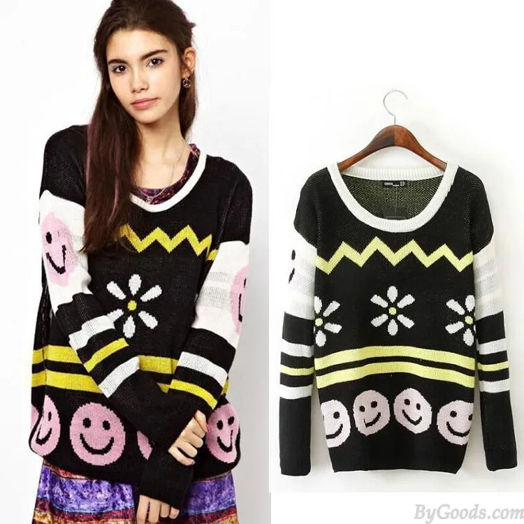 Smile Face Long Sleeve Loose Slim Sweater