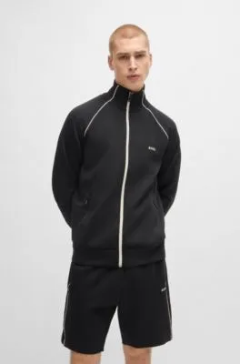 Sudadera de algodón elástico con cremallera, ribetes y detalle de la marca