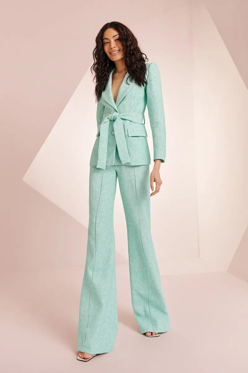 Traje chaqueta y pantalón brocado aguamarina Robin