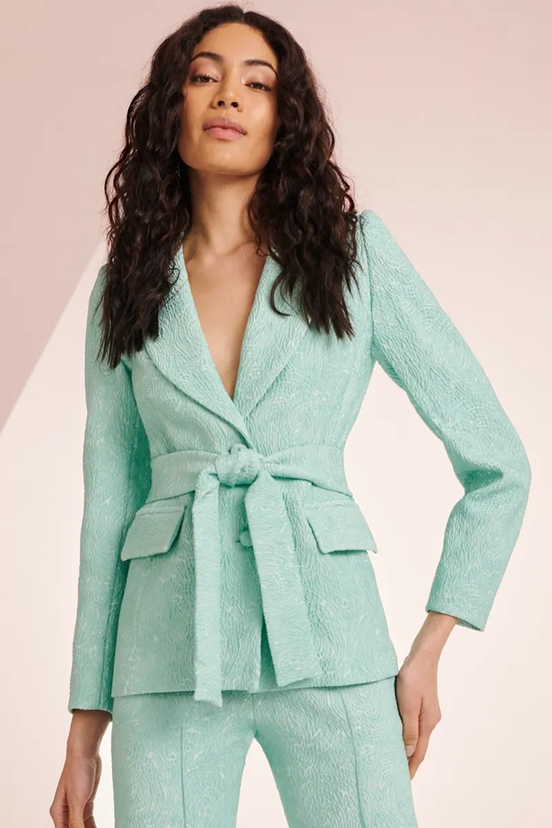 Traje chaqueta y pantalón brocado aguamarina Robin