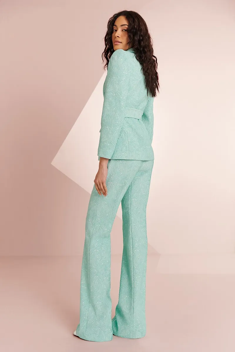 Traje chaqueta y pantalón brocado aguamarina Robin