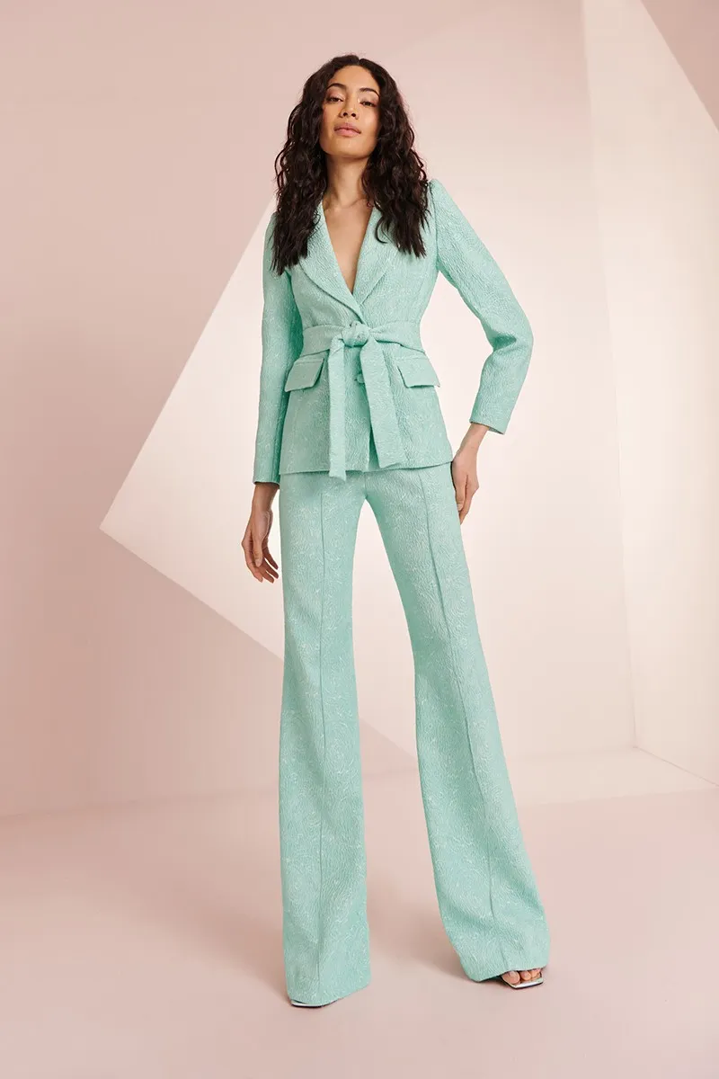 Traje chaqueta y pantalón brocado aguamarina Robin
