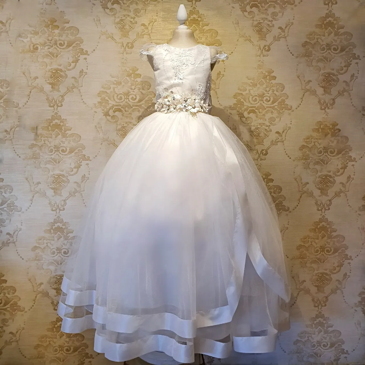 Vestido de Niña Fiesta Ivory con Flores en el Liston Falda de Primera Comunion Talla 14