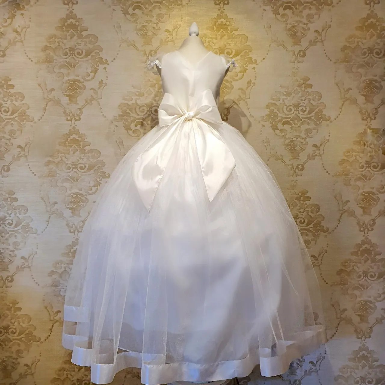 Vestido de Niña Fiesta Ivory con Flores en el Liston Falda de Primera Comunion Talla 14