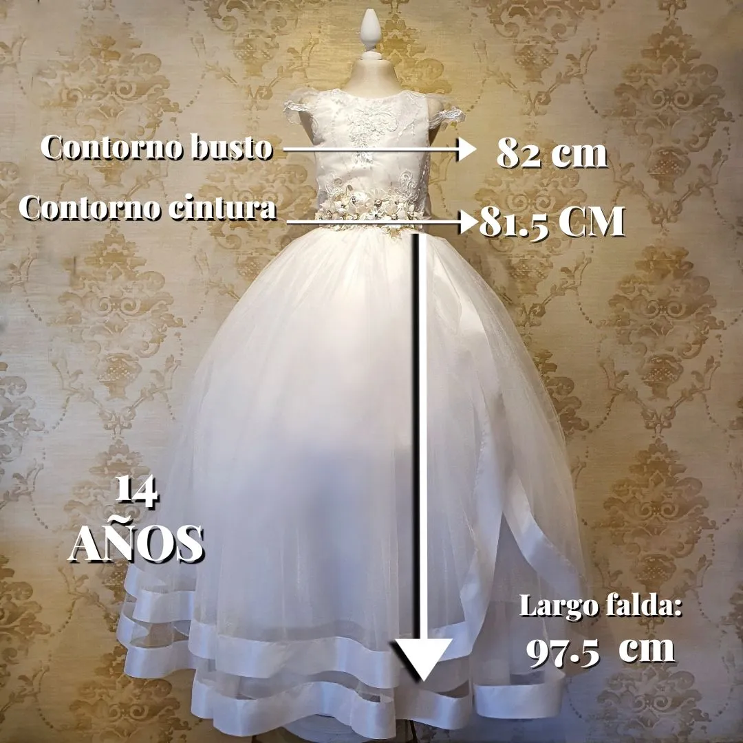 Vestido de Niña Fiesta Ivory con Flores en el Liston Falda de Primera Comunion Talla 14