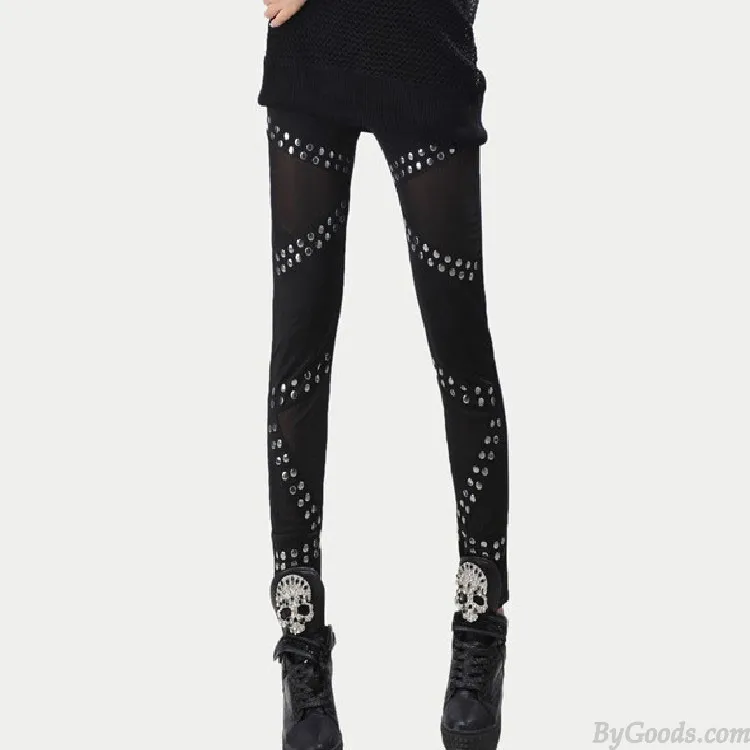 Vintage Rivets Stitching Mesh Pants& Leggings 