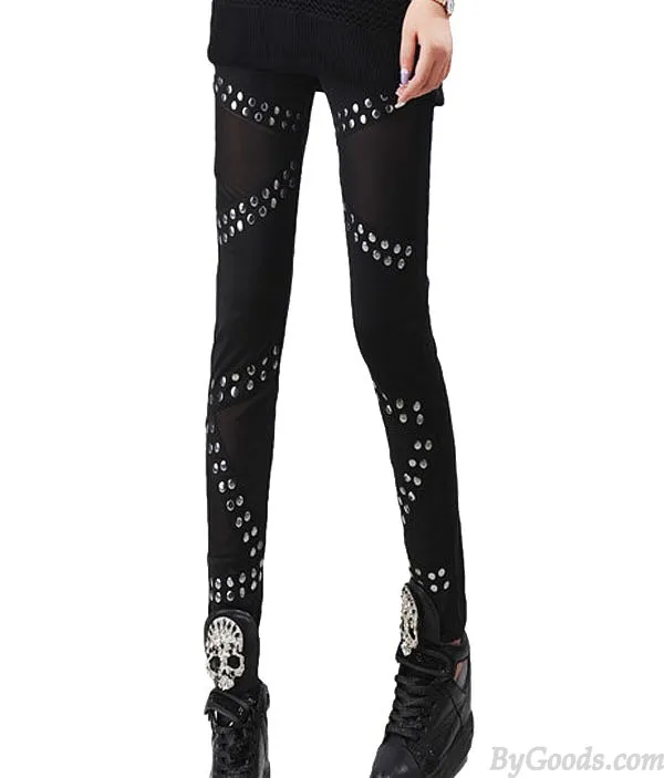 Vintage Rivets Stitching Mesh Pants& Leggings 