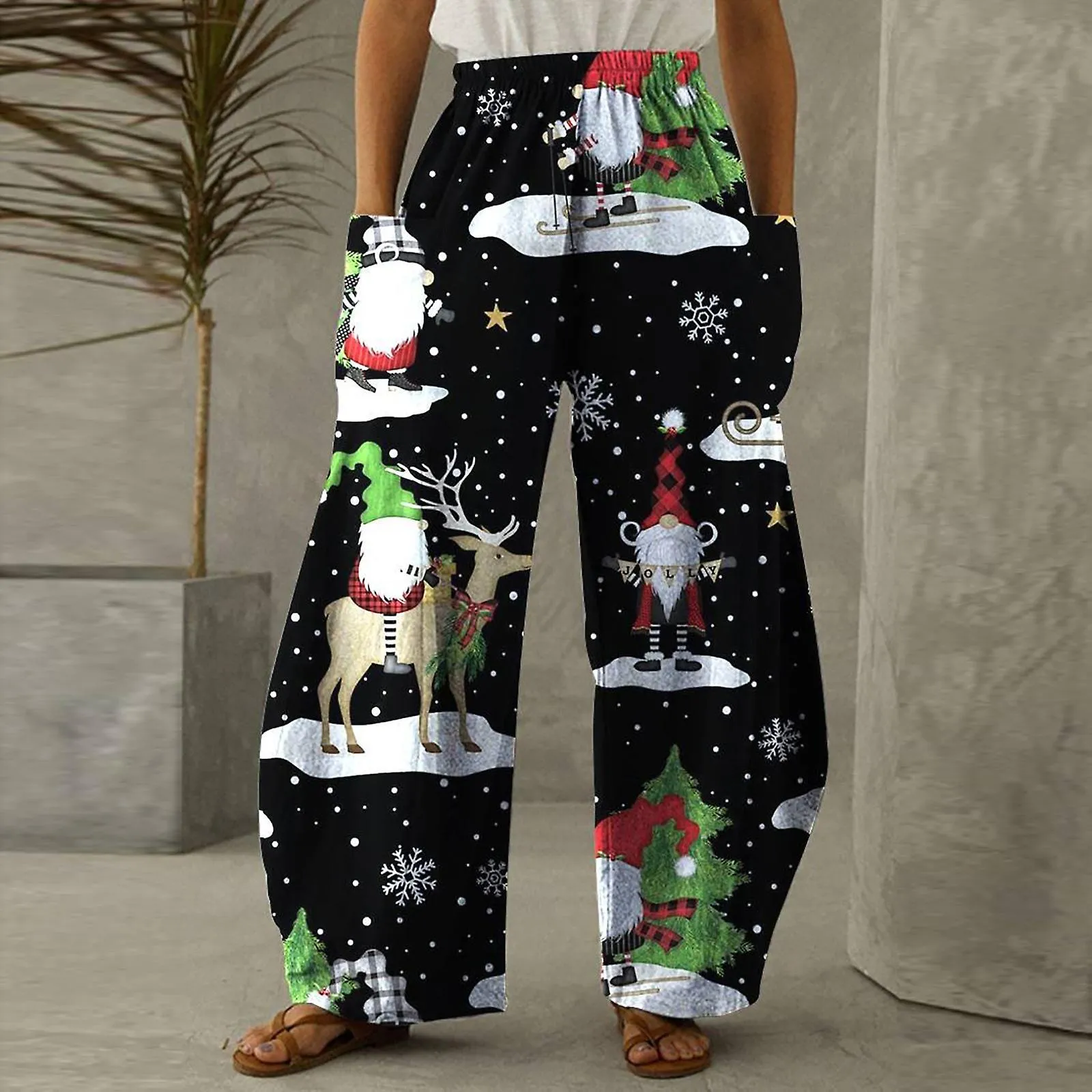 Women's Christmas Print Vintage Casual Loose Pants Casual Wide Leg Trousers Pants