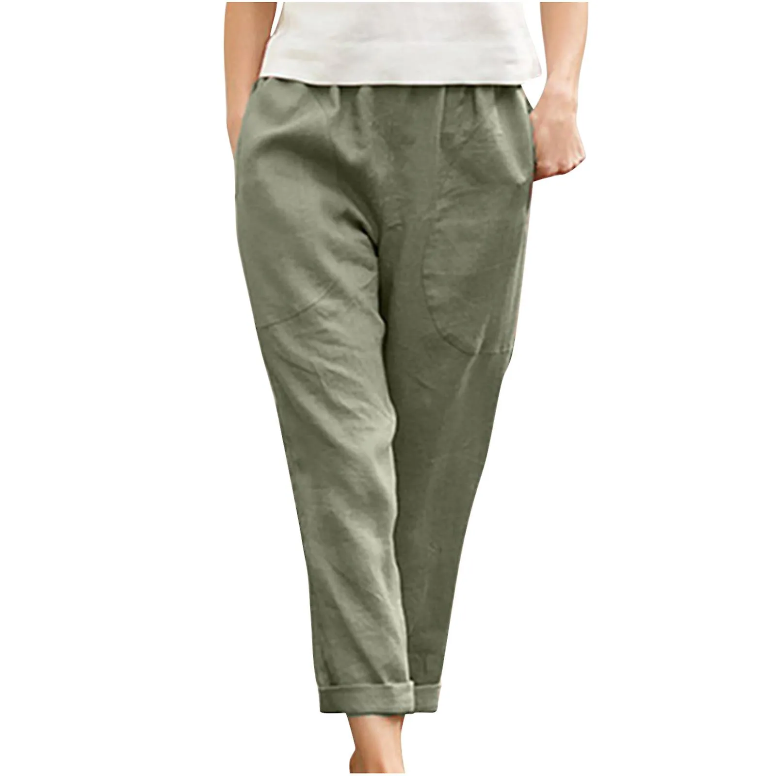 Women's Elastic Waist Casual Pants Solid Color Large Pocket Cotton Linen Straight Pants SZS0697