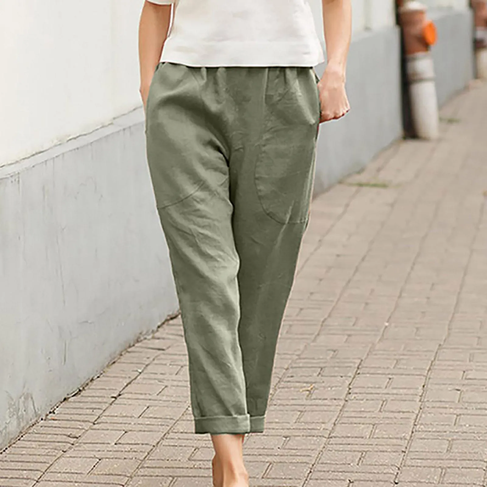 Women's Elastic Waist Casual Pants Solid Color Large Pocket Cotton Linen Straight Pants SZS0697
