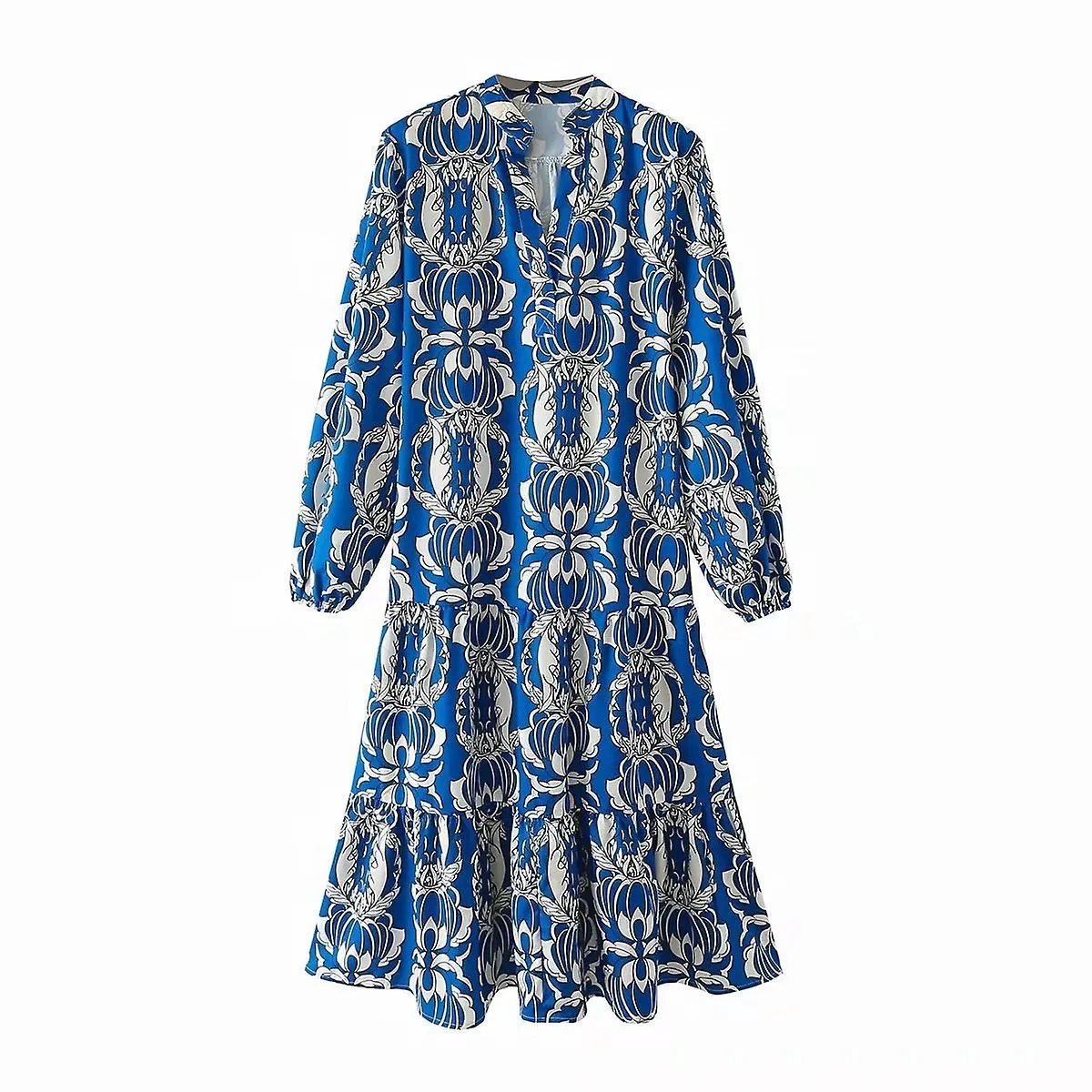Women's Long Sleeve Blue Print Dress