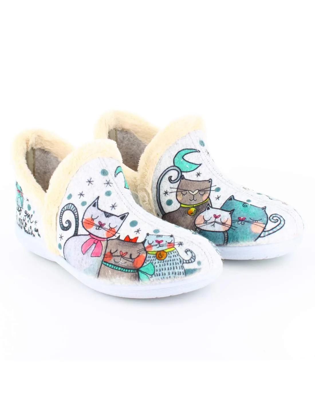 Zapatilla de Casa Fieltro Gatos Gris