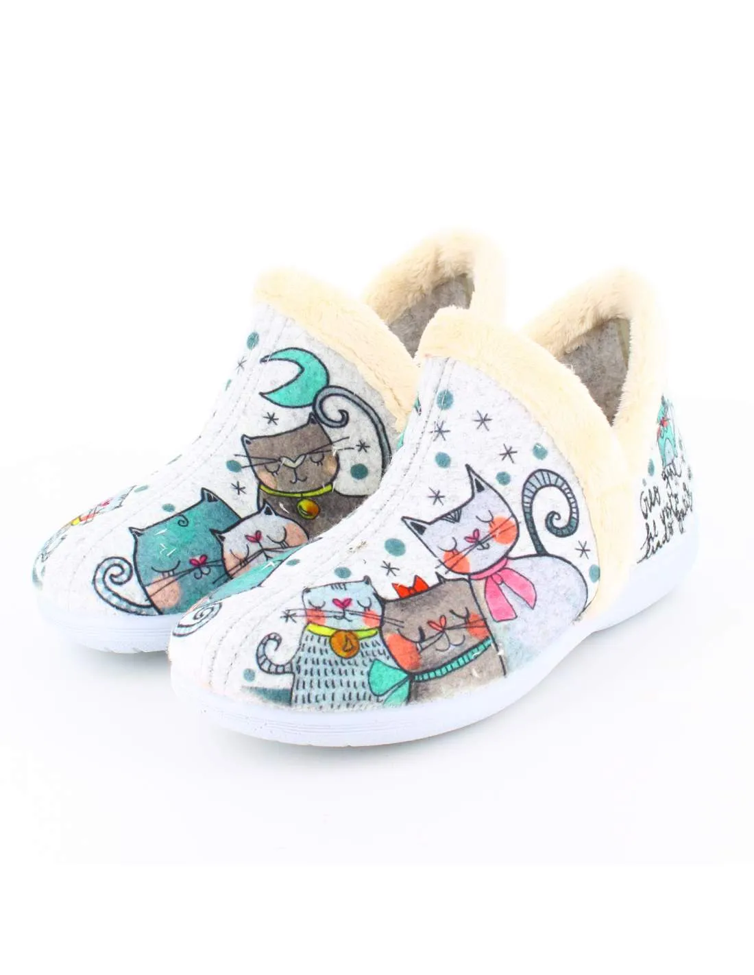 Zapatilla de Casa Fieltro Gatos Gris