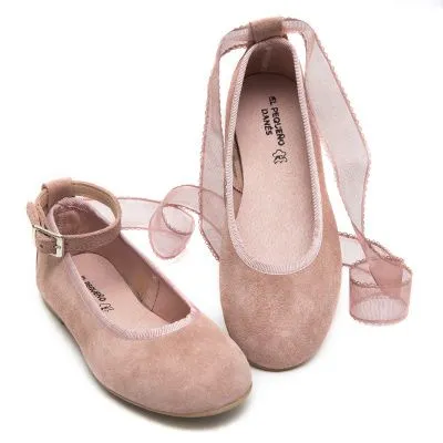 Zapato comunion bailarina rosa con cintas