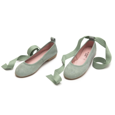 Zapato comunion bailarina verde agua con cintas