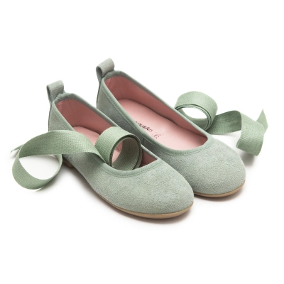 Zapato comunion bailarina verde agua con cintas